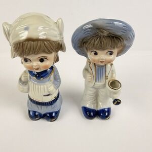 Vintage Boy Toothpick Holder Figurines Pair Made in Korea Blue White Kitsch